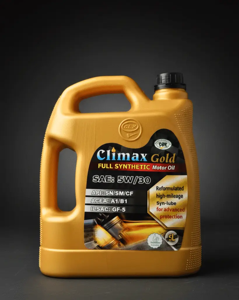 A 4-litre bottle of Climax Gold Full Synthetic 5W-30 SN engine oil with a premium gold and black label.