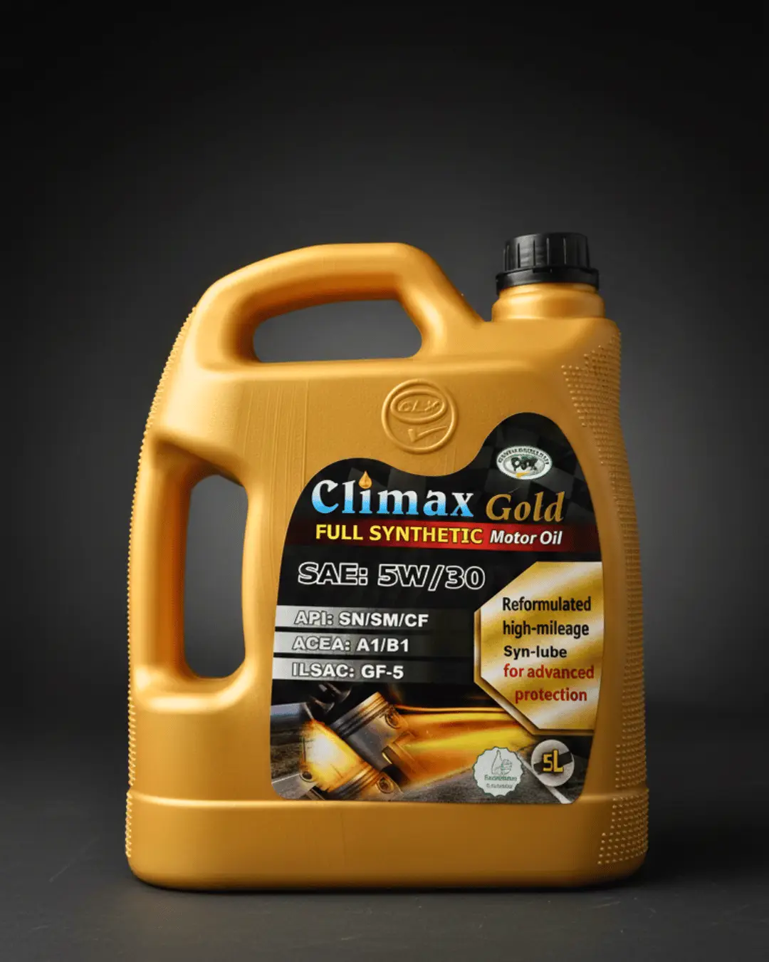 A 4-litre bottle of Climax Gold Full Synthetic 5W-30 SN engine oil with a premium gold and black label.
