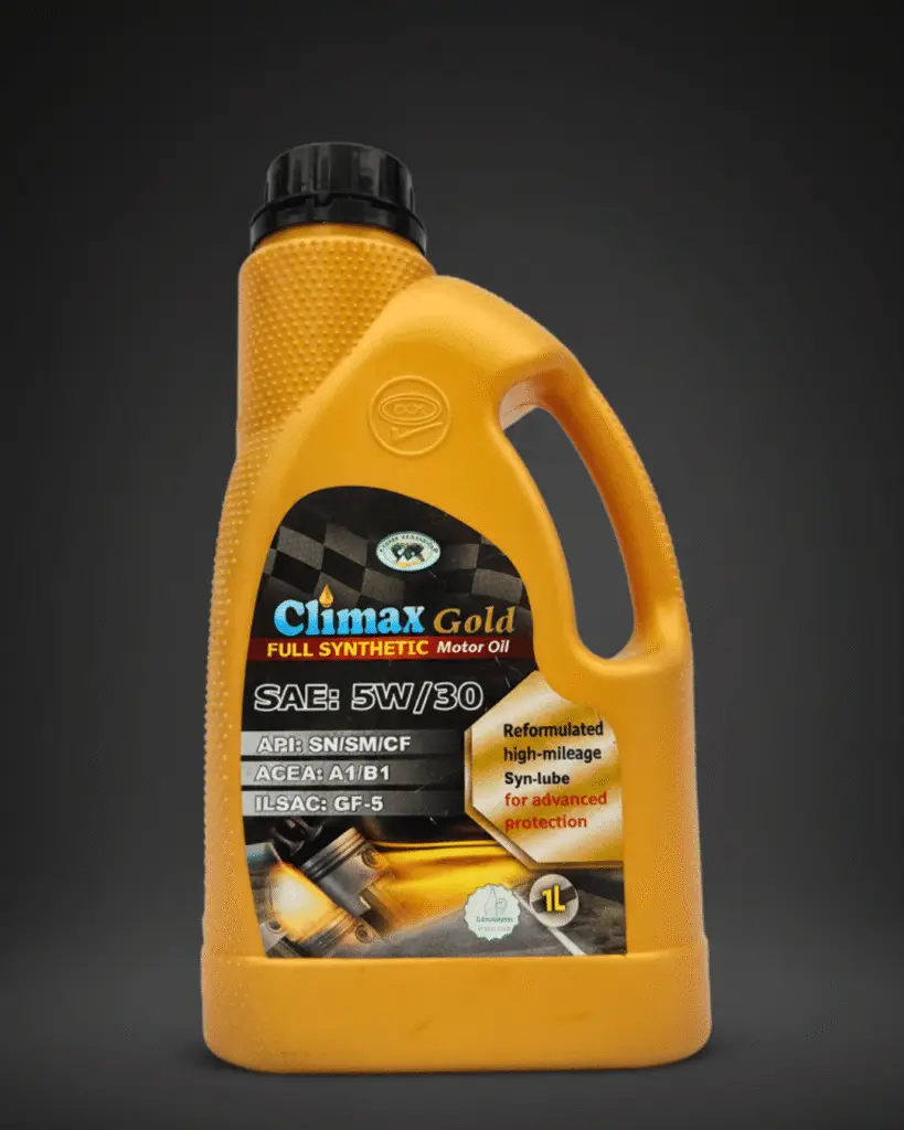 A 1-litre bottle of Climax Gold Full Synthetic 5W-30 SN engine oil with a premium gold and black label