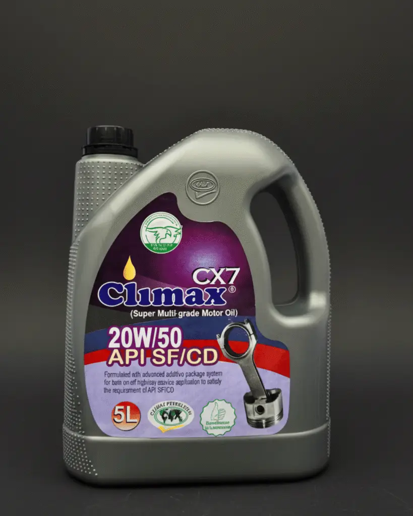 A 4-litre red keg of Climax Cx7 SAE 20W-50 conventional motor oil
